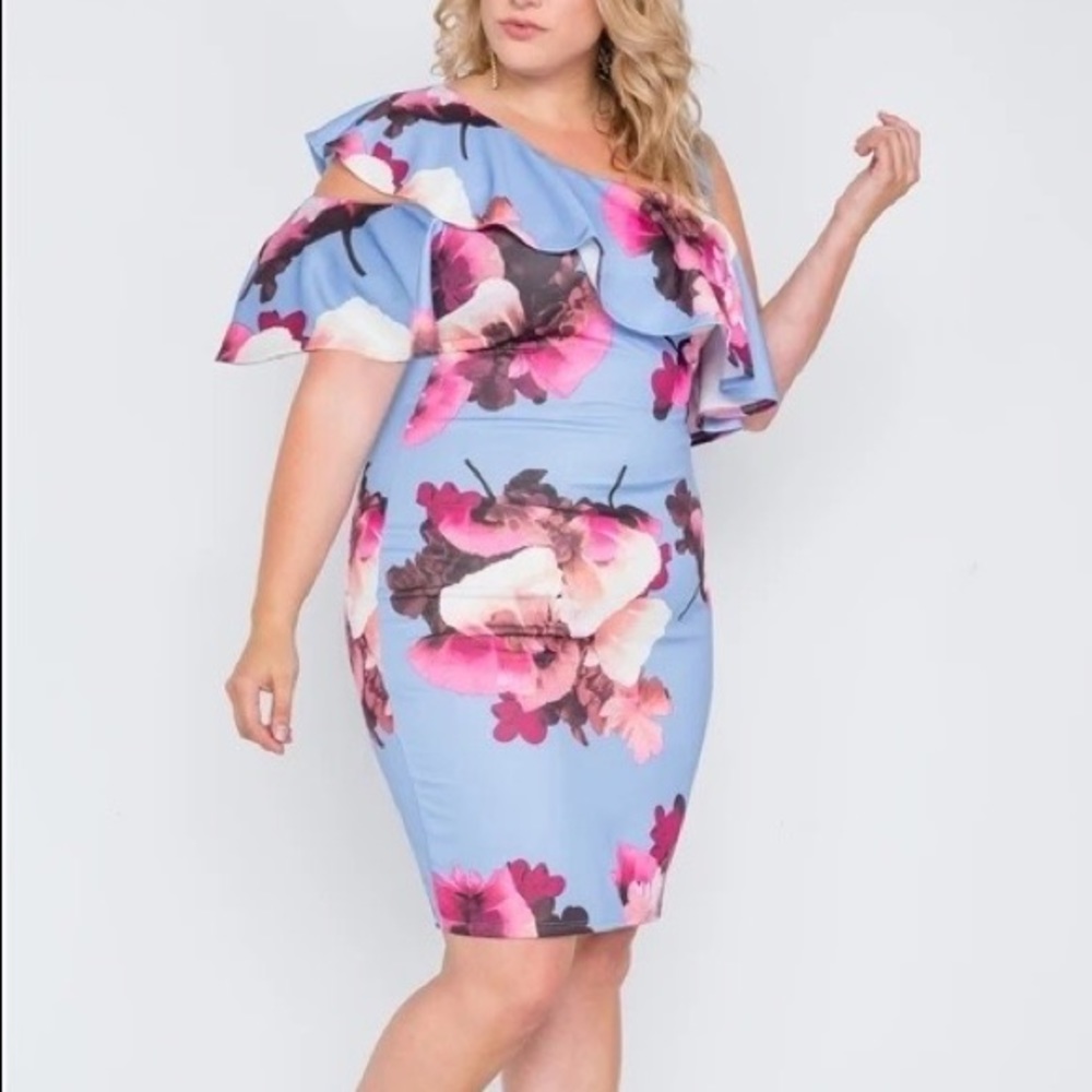 Periwinkle Blue Floral Flounce Sleeve Dress